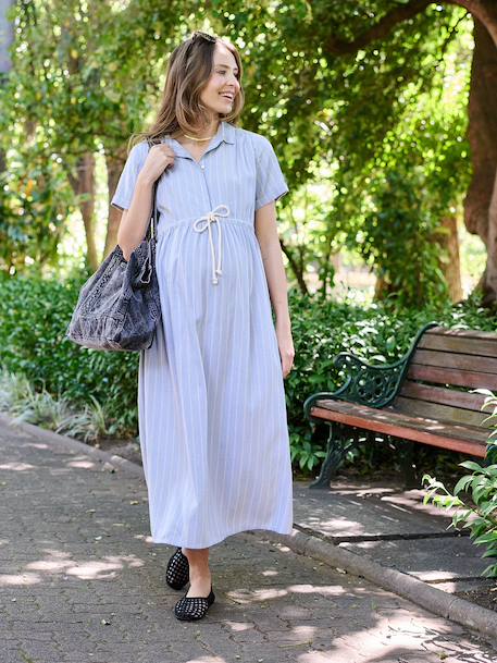 Long maternity and nursing dress striped blue 
