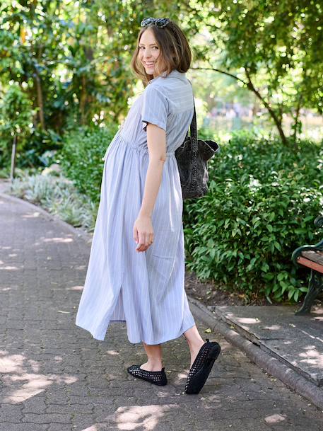 Long maternity and nursing dress striped blue 