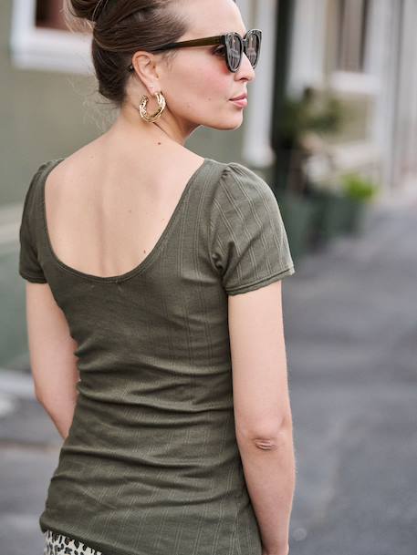 T-Shirt for Maternity, Low Neckline at the Back, in Wide Knit, by ENVIE DE FRAISE khaki+terracotta 