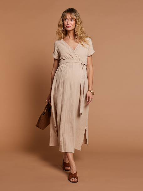 Long Dress for Maternity in Cotton Gauze, by ENVIE DE FRAISE beige+clay beige+navy blue+terracotta 