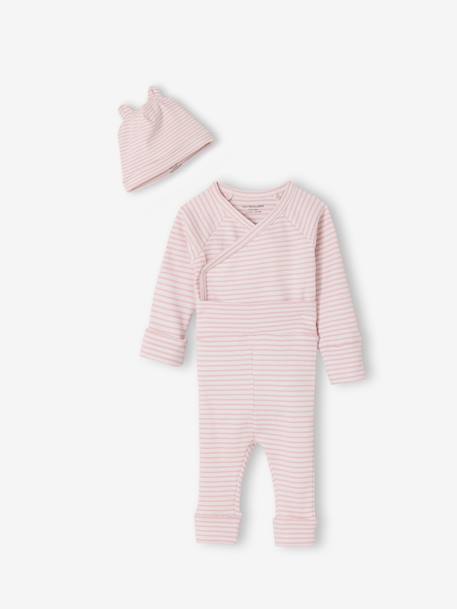 Set of baby bodysuit, leggings and striped beanie marl pink 