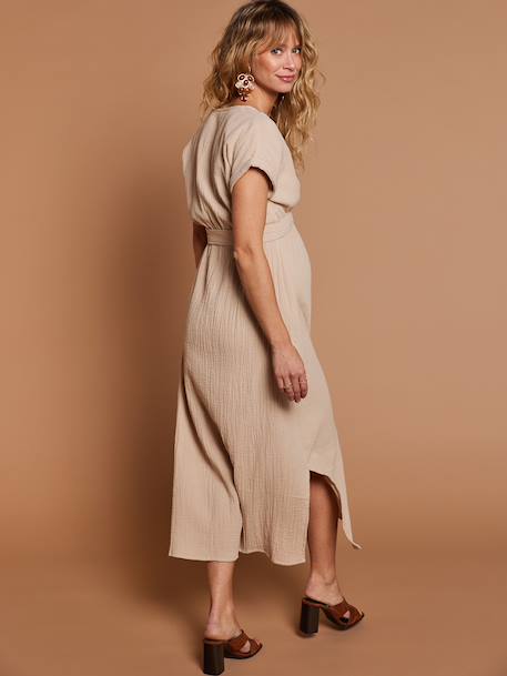 Long Dress for Maternity in Cotton Gauze, by ENVIE DE FRAISE beige+clay beige+navy blue+terracotta 