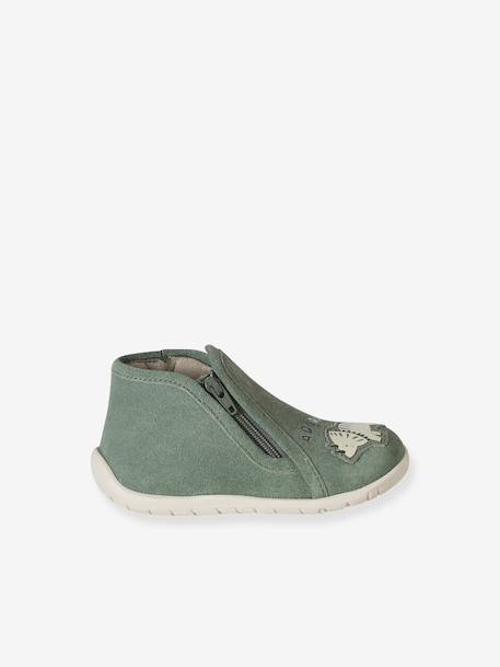 Soft leather baby slippers with zip brown+sage green 