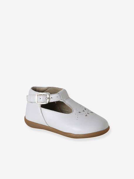Baby girl's leather Mary Janes with buckle iridescent beige+white 