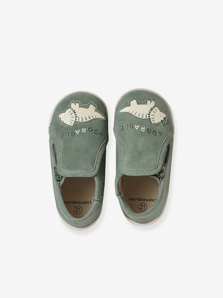 Soft leather baby slippers with zip brown+sage green 