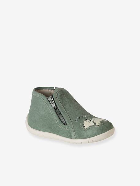 Soft leather baby slippers with zip brown+sage green 