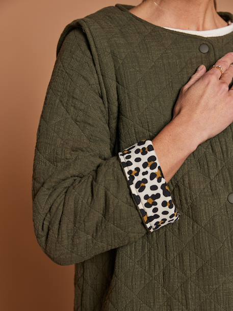 Adaptive Padded Jacket with Kangaroo Panel in Cotton Gauze for Maternity & Post-Maternity by ENVIE DE FRAISE chocolate+ecru+khaki 