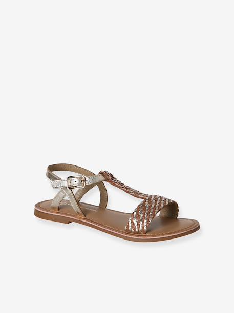 Leather Sandals for Girls brown+printed brown+YELLOW LIGHT METALLIZED 