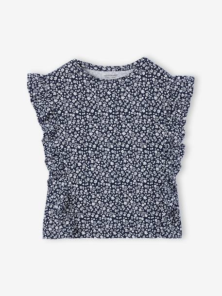 Girl's short-sleeved t-shirt with frills navy blue+sage green 