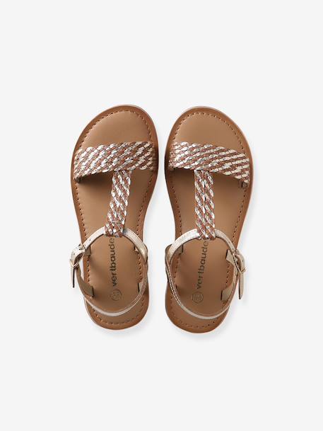 Leather Sandals for Girls brown+printed brown+YELLOW LIGHT METALLIZED 