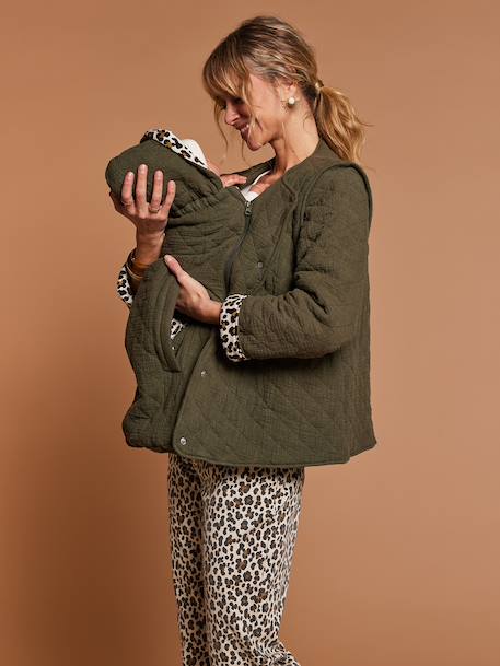 Adaptive Padded Jacket with Kangaroo Panel in Cotton Gauze for Maternity & Post-Maternity by ENVIE DE FRAISE chocolate+ecru+khaki 