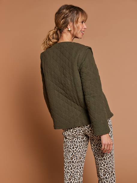 Adaptive Padded Jacket with Kangaroo Panel in Cotton Gauze for Maternity & Post-Maternity by ENVIE DE FRAISE chocolate+ecru+khaki 