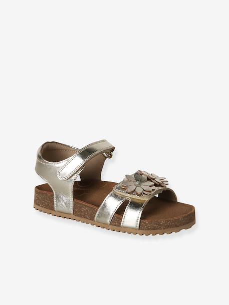 Open leather flower sandals gold 