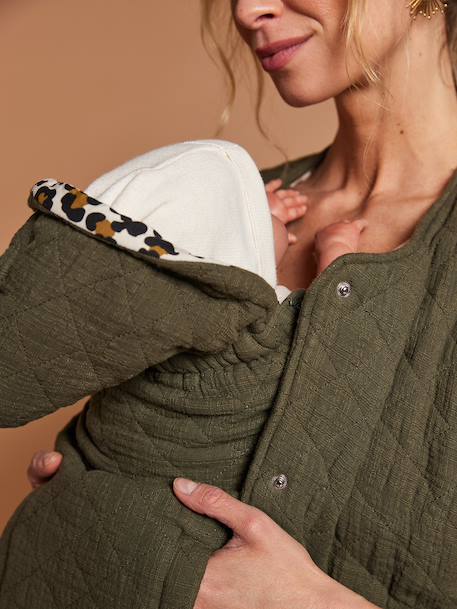 Adaptive Padded Jacket with Kangaroo Panel in Cotton Gauze for Maternity & Post-Maternity by ENVIE DE FRAISE chocolate+ecru+khaki 