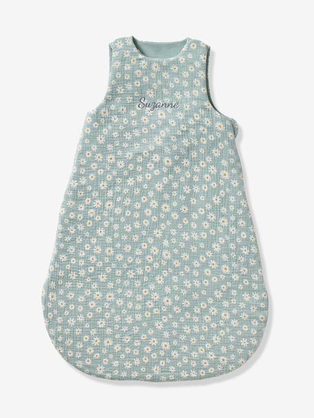 Customisable summer baby sleeping bag MARGUERITE in cotton gauze printed blue 