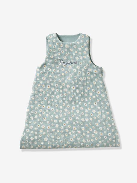 Customisable summer baby sleeping bag MARGUERITE in cotton gauze printed blue 