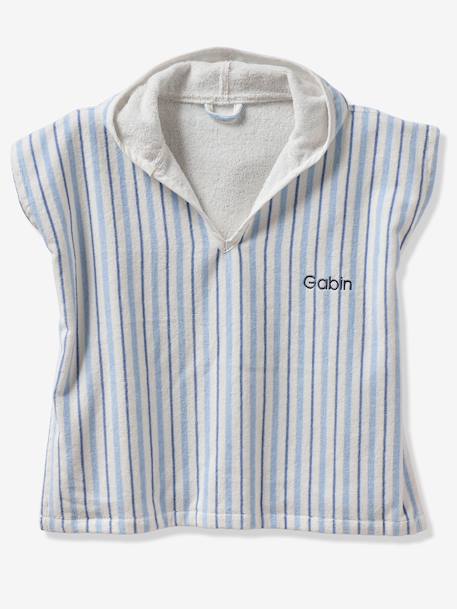 Baby Animals Bath Poncho, with Recycled Cotton printed white+striped blue 