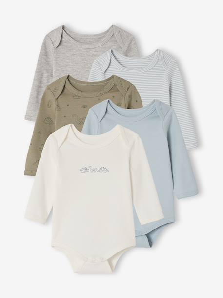 Pack of 5 long-sleeved Dinosaur bodysuits khaki 