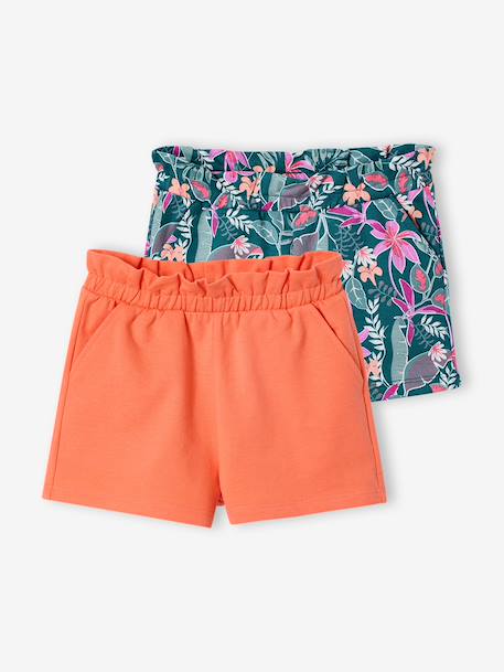 Pack of 2 Pairs of Shorts for Girls aqua green+navy blue+tangerine 
