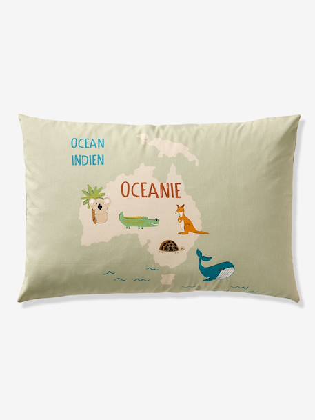 Bedding set with duvet cover and pillowcase, ANIMAL WORLD TOUR design, made with recycled cotton sage green 