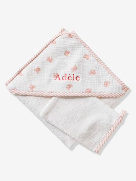 Bath Cape & Wash Mitt with Bows printed white 