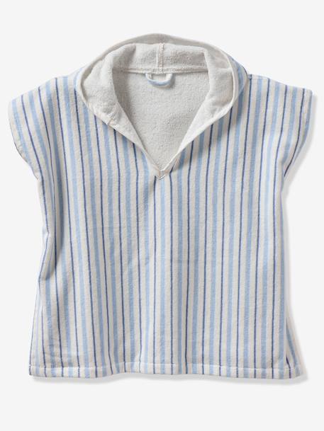Baby Animals Bath Poncho, with Recycled Cotton printed white+striped blue 