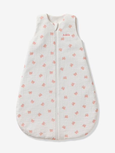 Customisable summer baby sleeping bag with central opening in cotton muslin, NOEUDS printed white 