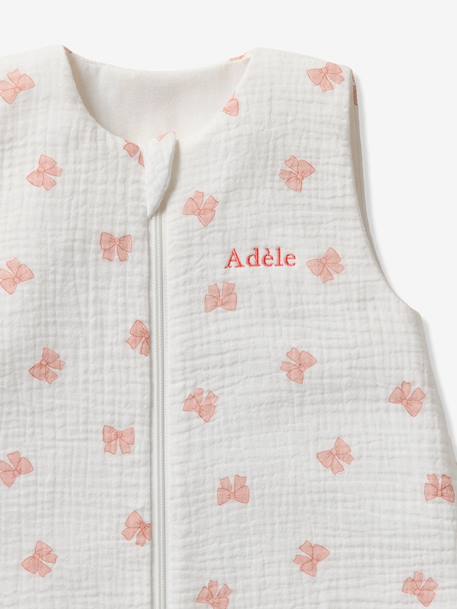 Customisable summer baby sleeping bag with central opening in cotton muslin, NOEUDS printed white 