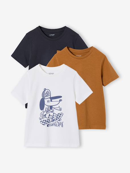 Pack of 3 short-sleeved t-shirts caramel+navy blue+pecan nut+sage green 