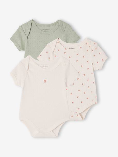 Pack of 3 short-sleeved pointelle bodysuits sage green 