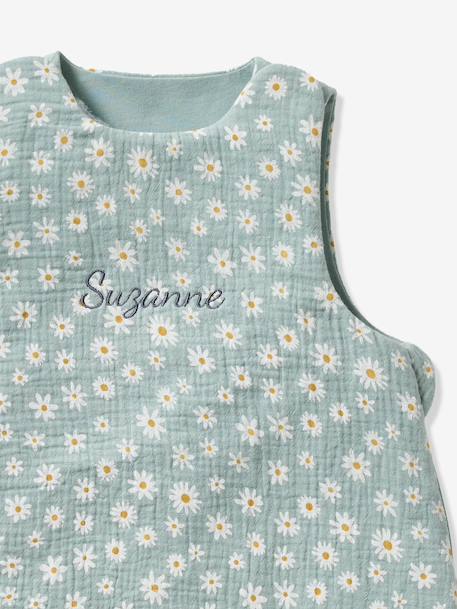 Customisable summer baby sleeping bag MARGUERITE in cotton gauze printed blue 