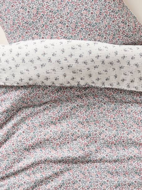 Duvet cover and pillowcase set in RETRO FLOWERS cotton gauze, with recycled cotton printed pink 