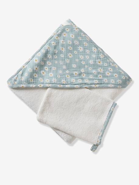 Customisable cotton muslin bath cape and wash mitt MARGUERITE printed blue 