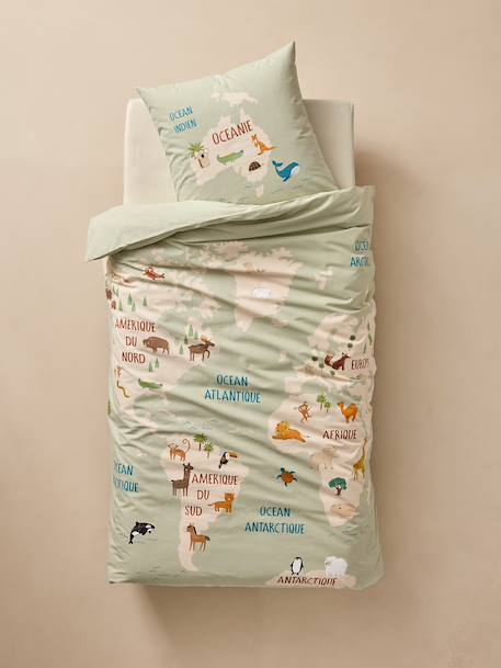 Bedding set with duvet cover and pillowcase, ANIMAL WORLD TOUR design, made with recycled cotton sage green 