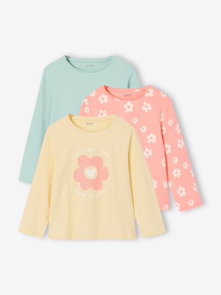 Pack of 3 long-sleeved girls' fancy t-shirts anthracite+coral+ecru+grey blue+indigo+mauve+rose 