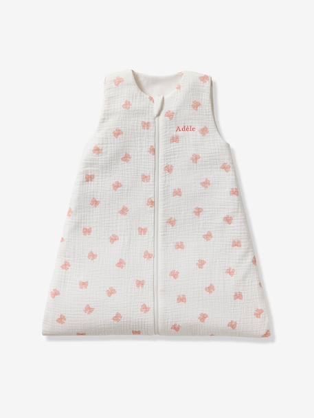 Customisable summer baby sleeping bag with central opening in cotton muslin, NOEUDS printed white 