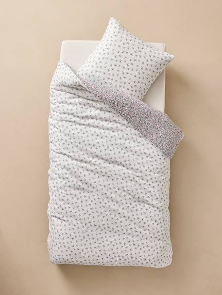 Duvet cover and pillowcase set in RETRO FLOWERS cotton gauze, with recycled cotton printed pink 