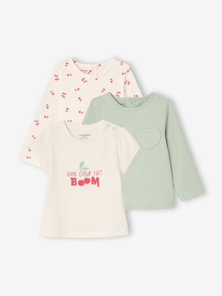 Pack of 3 long-sleeved t-shirts for girls - BASICS ecru+striped red 