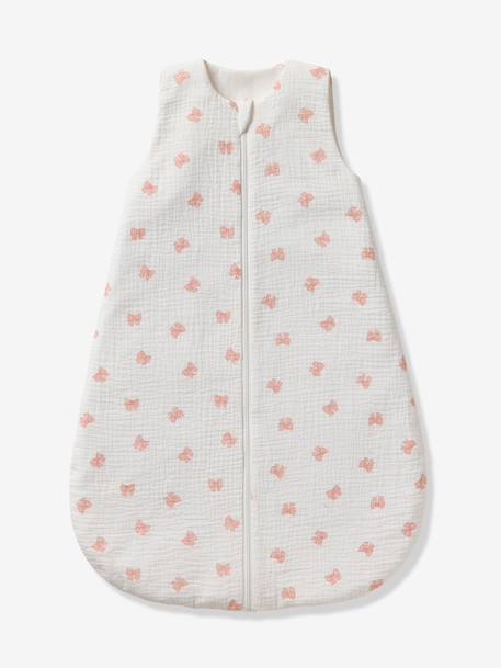 Customisable summer baby sleeping bag with central opening in cotton muslin, NOEUDS printed white 