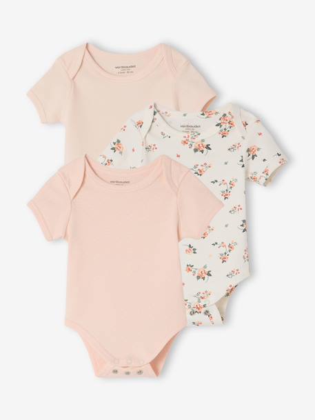 Pack of 3 short-sleeved baby bodysuits pale pink 