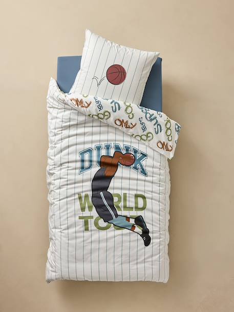 Duvet Cover & Pillowcase Set with Recycled Cotton, BASKETBALL ecru 