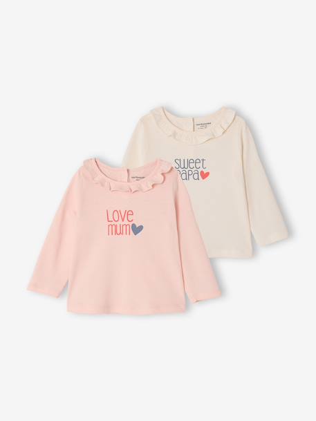 Pack of 2 long-sleeved frilled T-shirts pale pink 