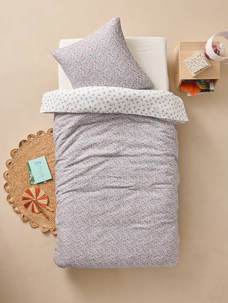 Duvet cover and pillowcase set in RETRO FLOWERS cotton gauze, with recycled cotton printed pink 