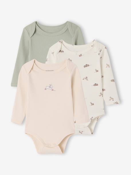 Pack of 3 long-sleeved baby bodysuits sage green 