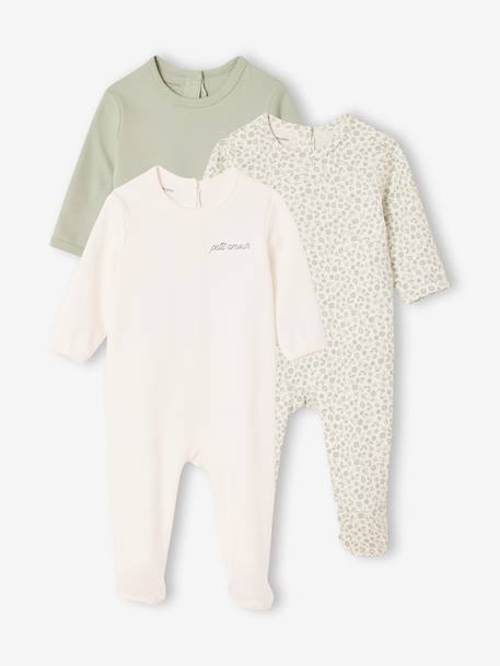Pack of 3 Organic Cotton Sleepsuits for Babies beige+ecru+sage green 