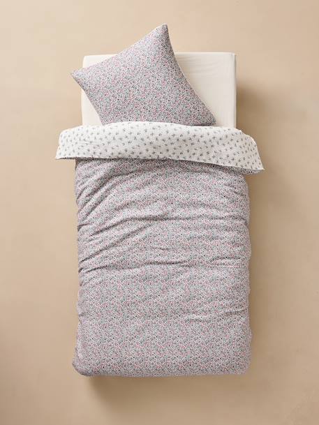 Duvet cover and pillowcase set in RETRO FLOWERS cotton gauze, with recycled cotton printed pink 