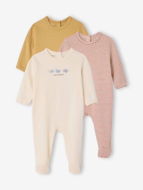 Pack of 3 Organic Cotton Sleepsuits for Babies beige+ecru+sage green 