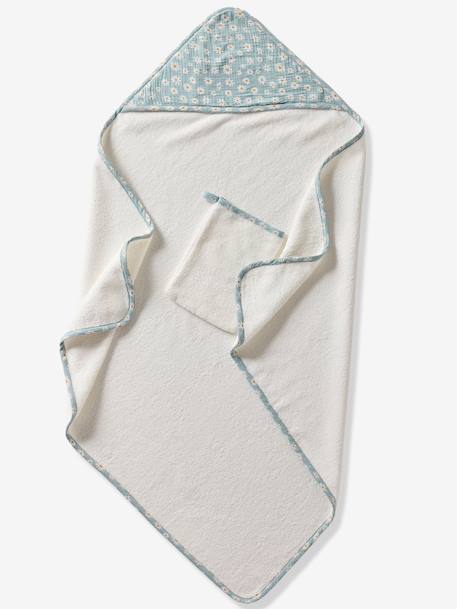 Customisable cotton muslin bath cape and wash mitt MARGUERITE printed blue 