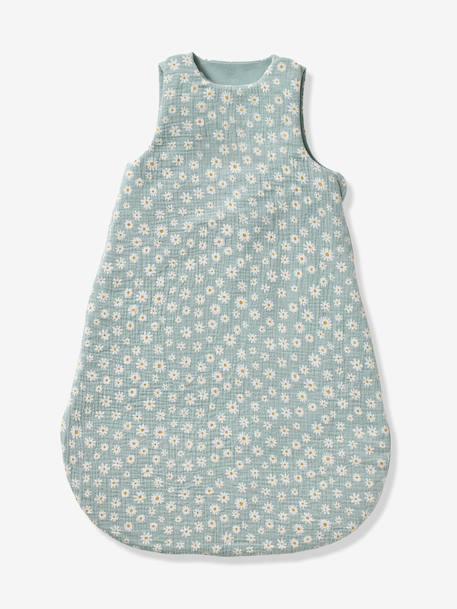 Customisable summer baby sleeping bag MARGUERITE in cotton gauze printed blue 