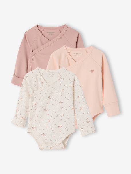 Pack of 3 long-sleeved newborn bodysuits dusky pink 